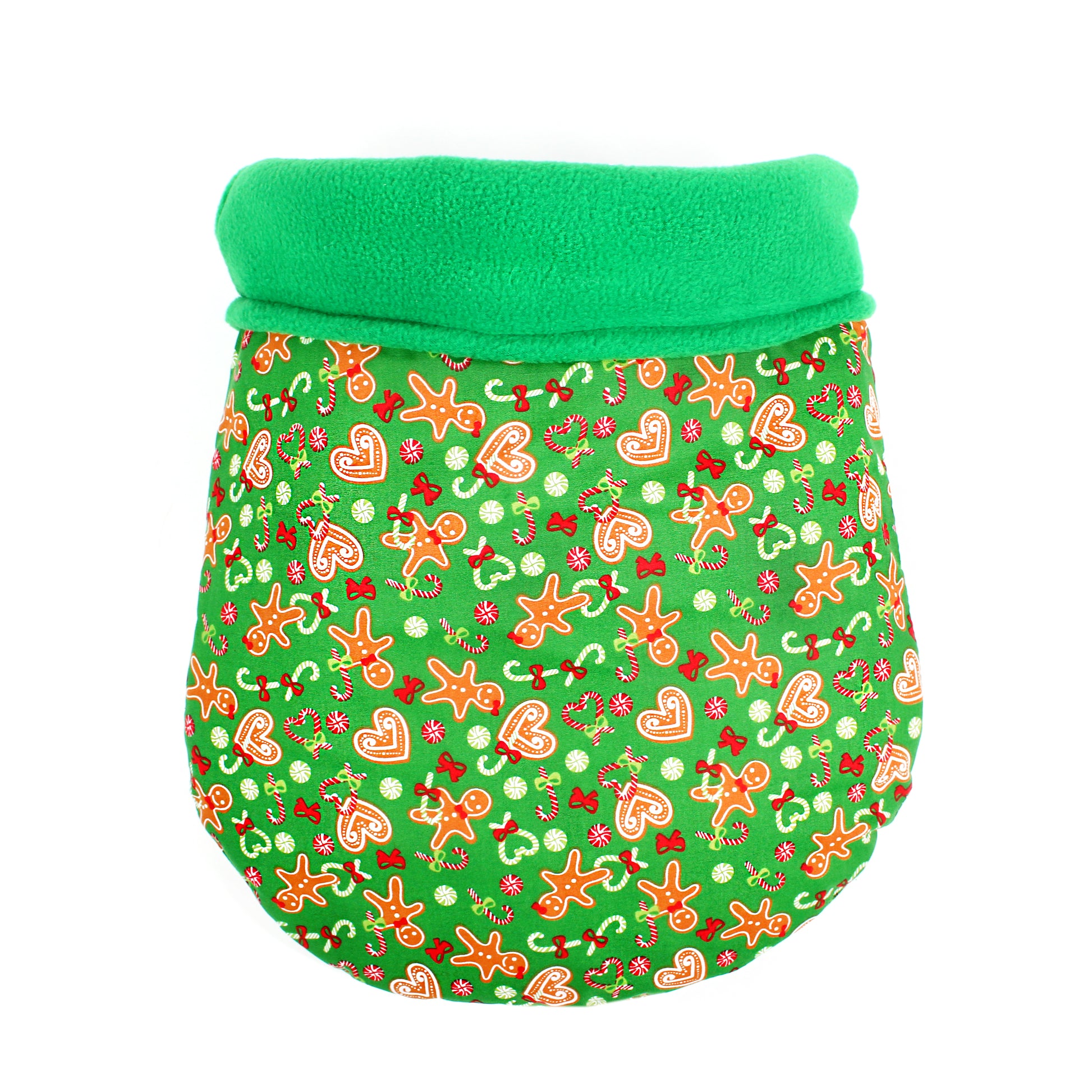 Green snuggle sack with festive pattern on a white background
