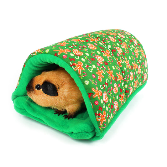 Small animal, likely a guinea pig, peeking out from a green patterned tunnel on a white background