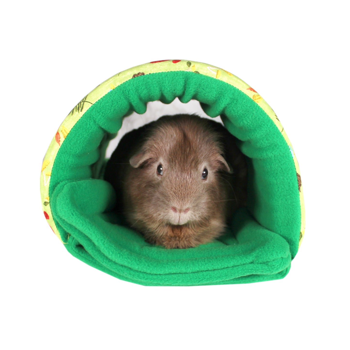 Green Autumn Pattern Squish Tunnel for Guinea Pigs, front view with guinea pig