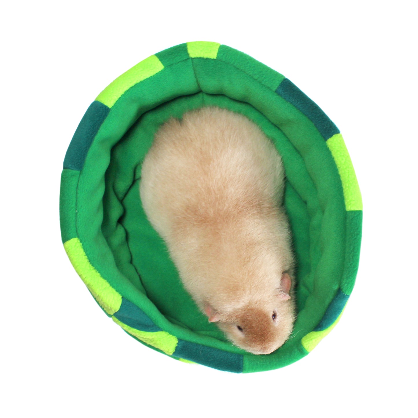 Green Patchwork Guinea Pig Cuddle Cup Bed, over the top view of the bed for guinea pigs with a guinea pig inside.