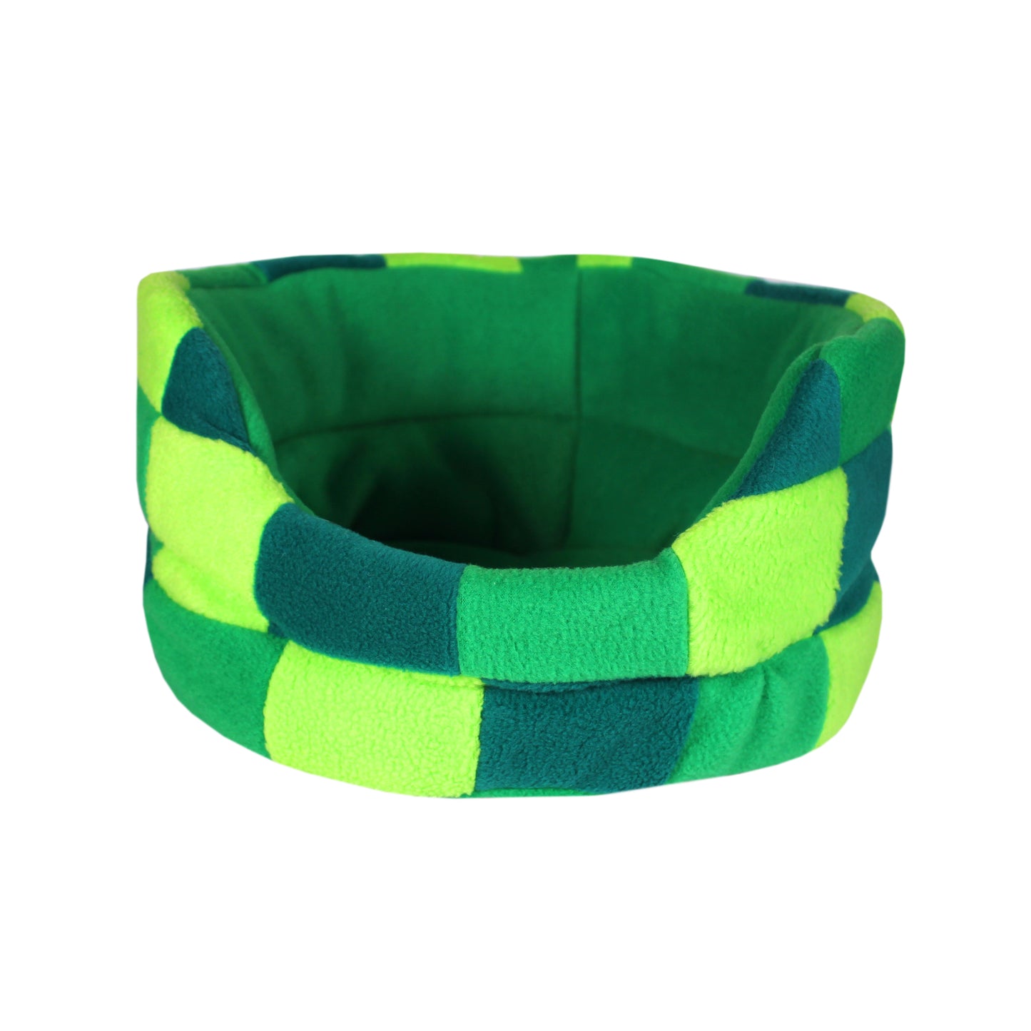 Green Patchwork Guinea Pig Cuddle Cup Bed, front view of the cuddle cup for guinea pigs showing the details with out aguinea pig