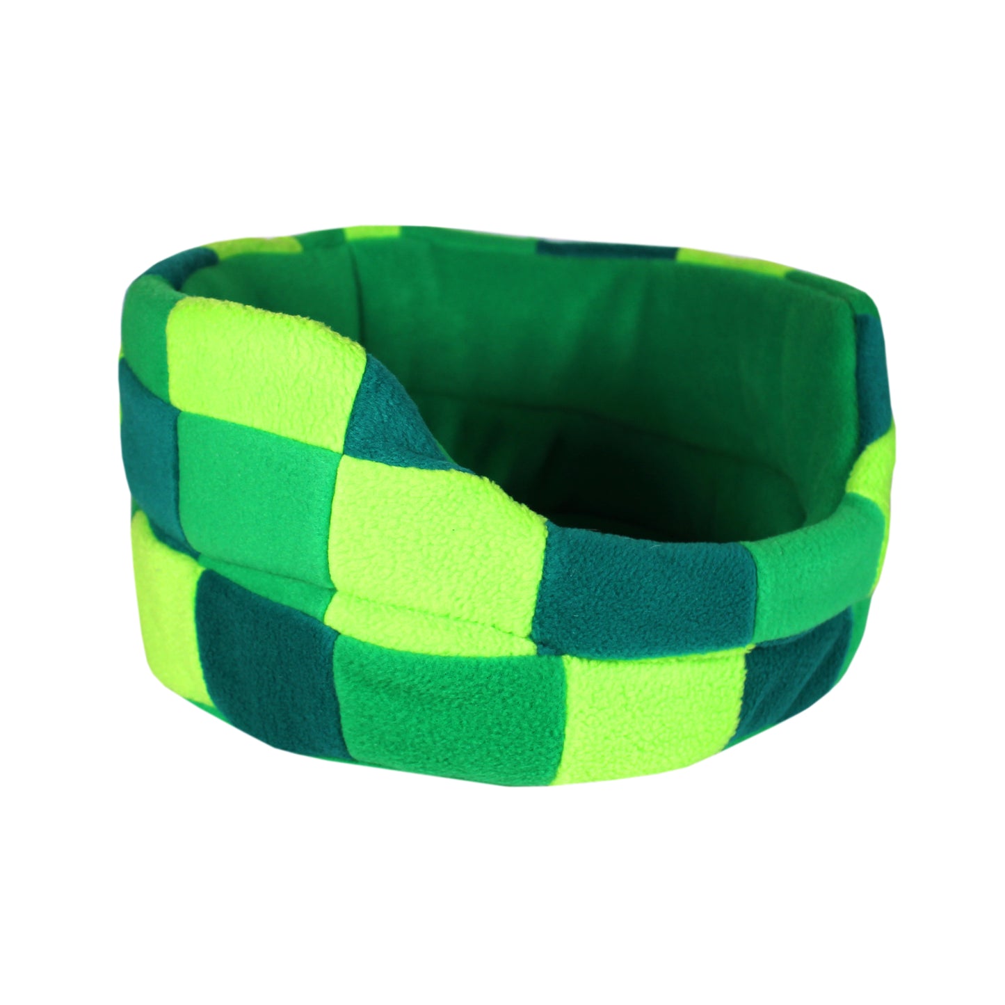 Green Patchwork Guinea Pig Cuddle Cup Bed, side view of the small pet bed