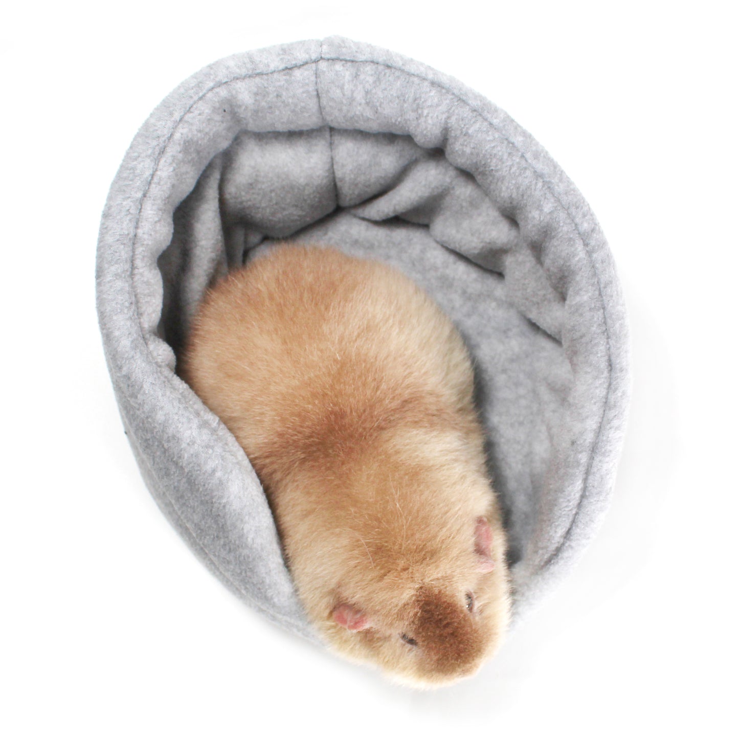 Gray Cuddle Cup Bed for Guinea Pigs, top view of the cuddle cup with a Guinea pig inside for sizing