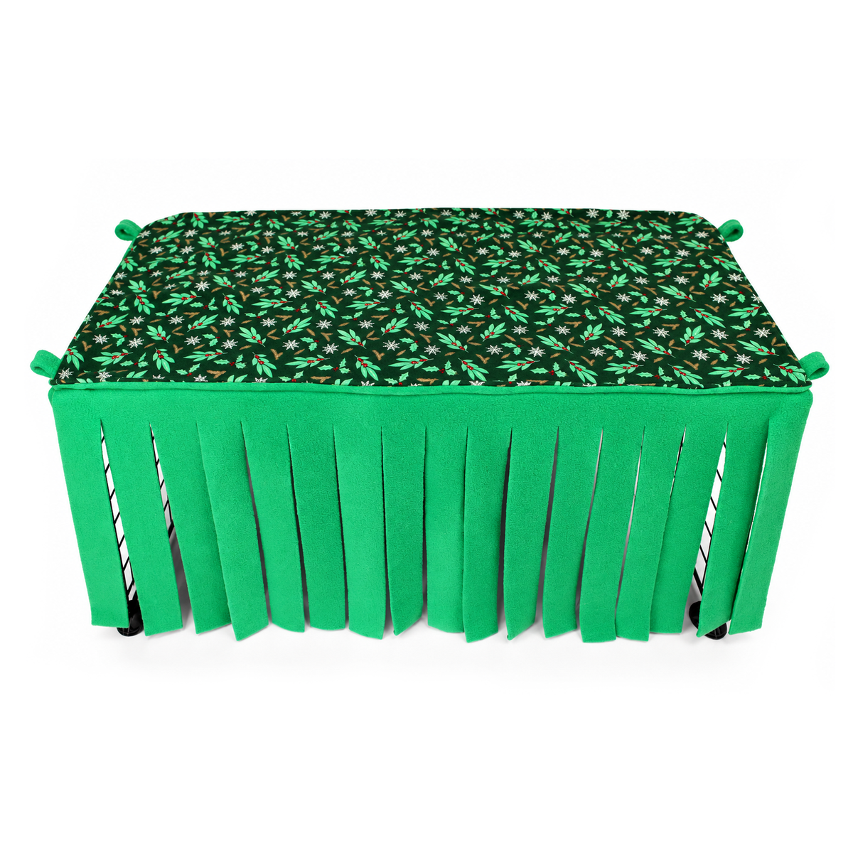 Festive holly large fleece forest for guinea pigs with forest green cotton top featuring holly leaves, red berries, white snowflakes and golden foliage, bright emerald green fleece curtains and attachment loops.