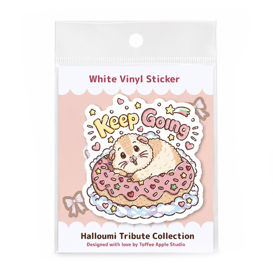 Keep Going Halloumi guinea pig sticker in clear packaging