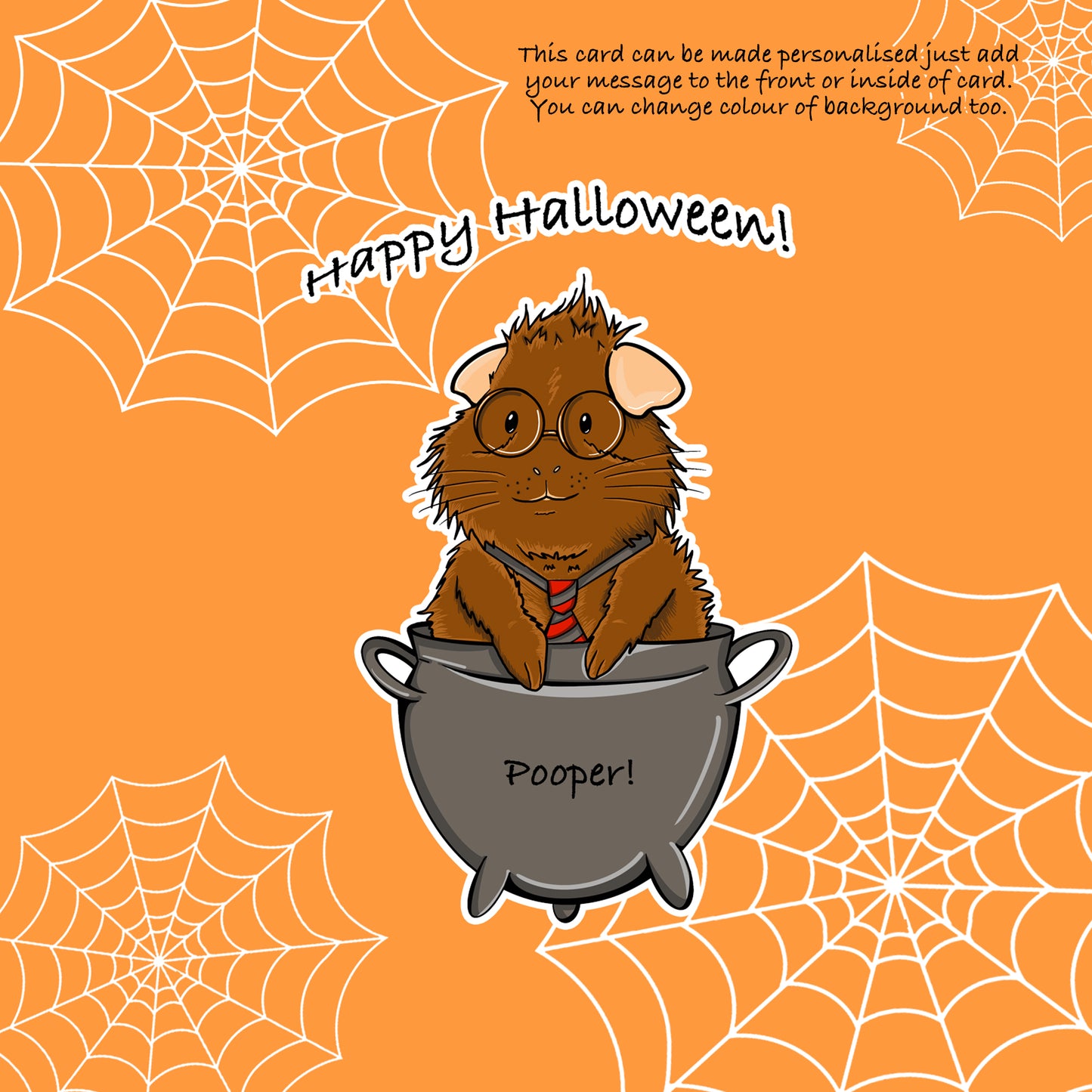 Guinea Pig Wizard Halloween Greetings Card, orange background of the guinea pig greeting card