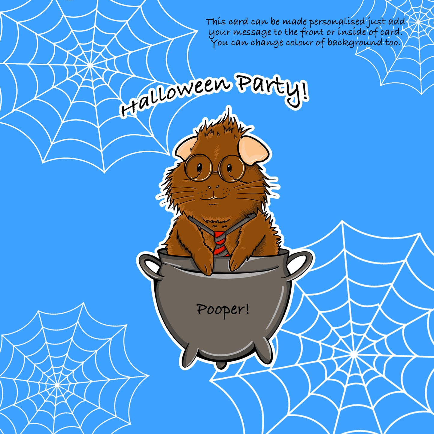 Guinea Pig Wizard Halloween Greetings Card, blue background of the personalised card