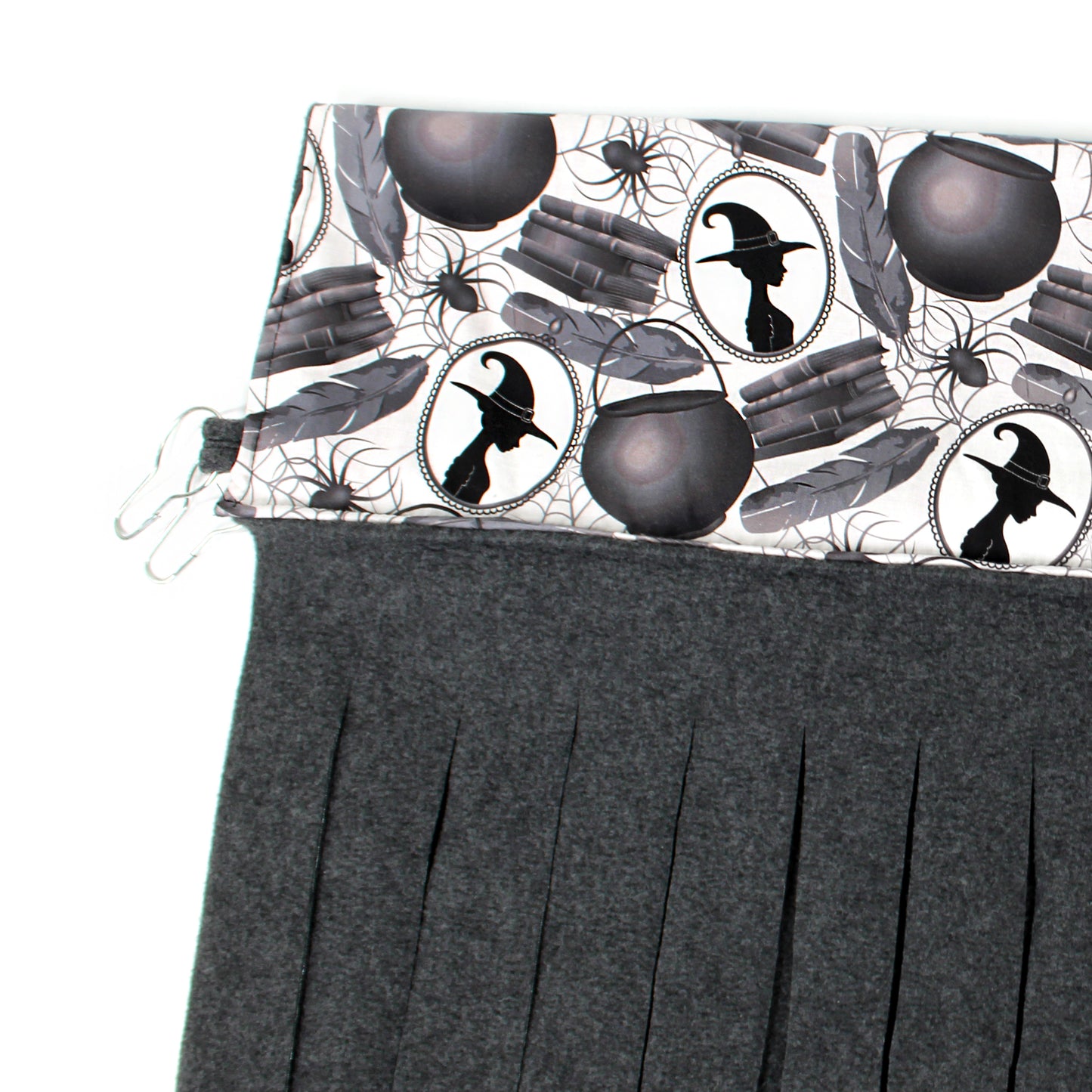 Gray pleated skirt with Halloween-themed pattern on a white background