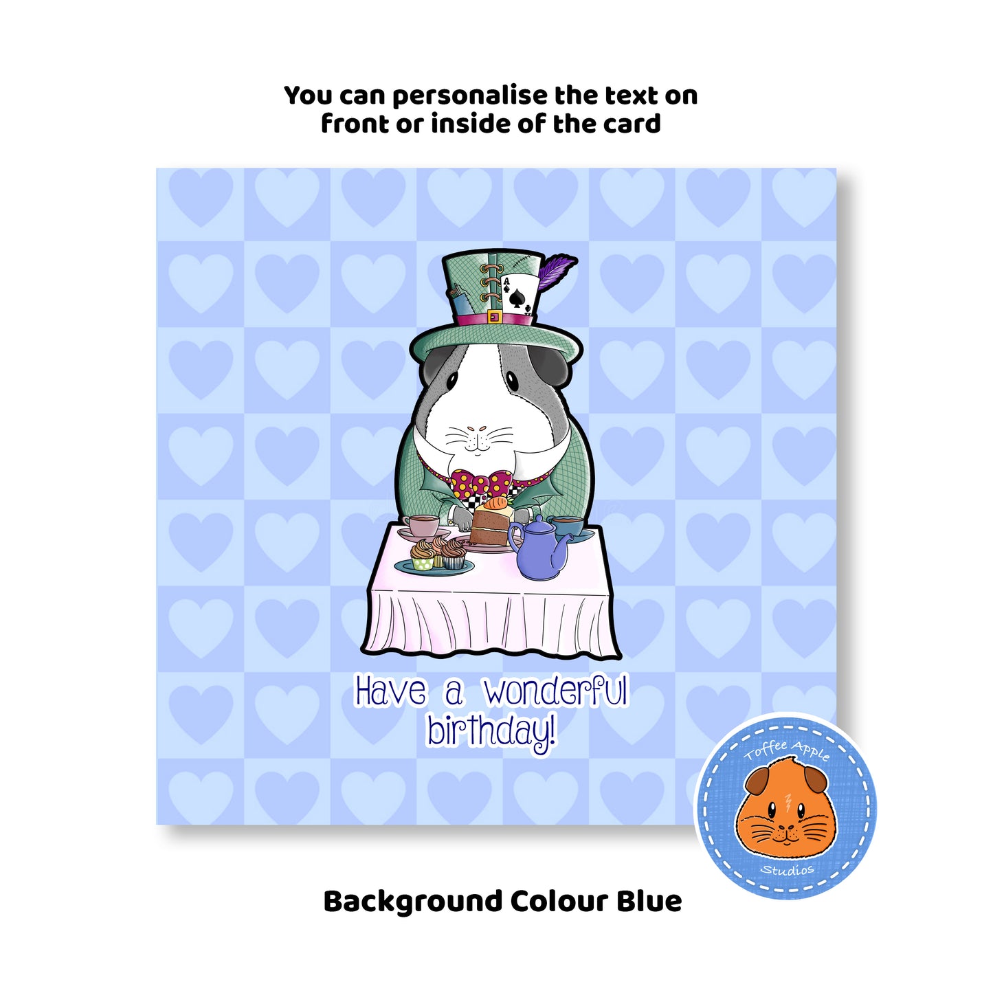 Mad Hatter Guinea Pig Birthday Card, blue background of the custom greetings card