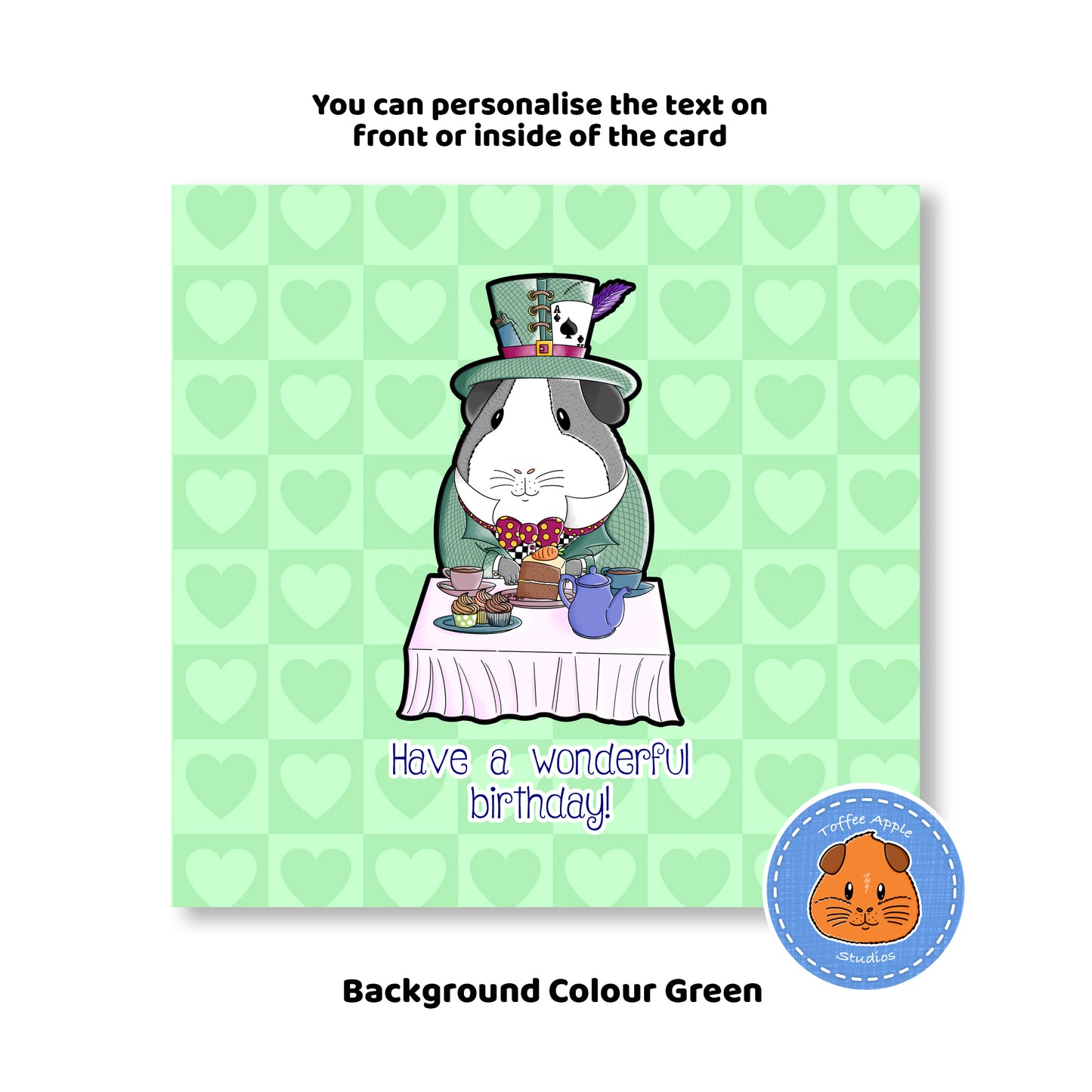 Mad Hatter Guinea Pig Birthday Card, green background of the personalised card