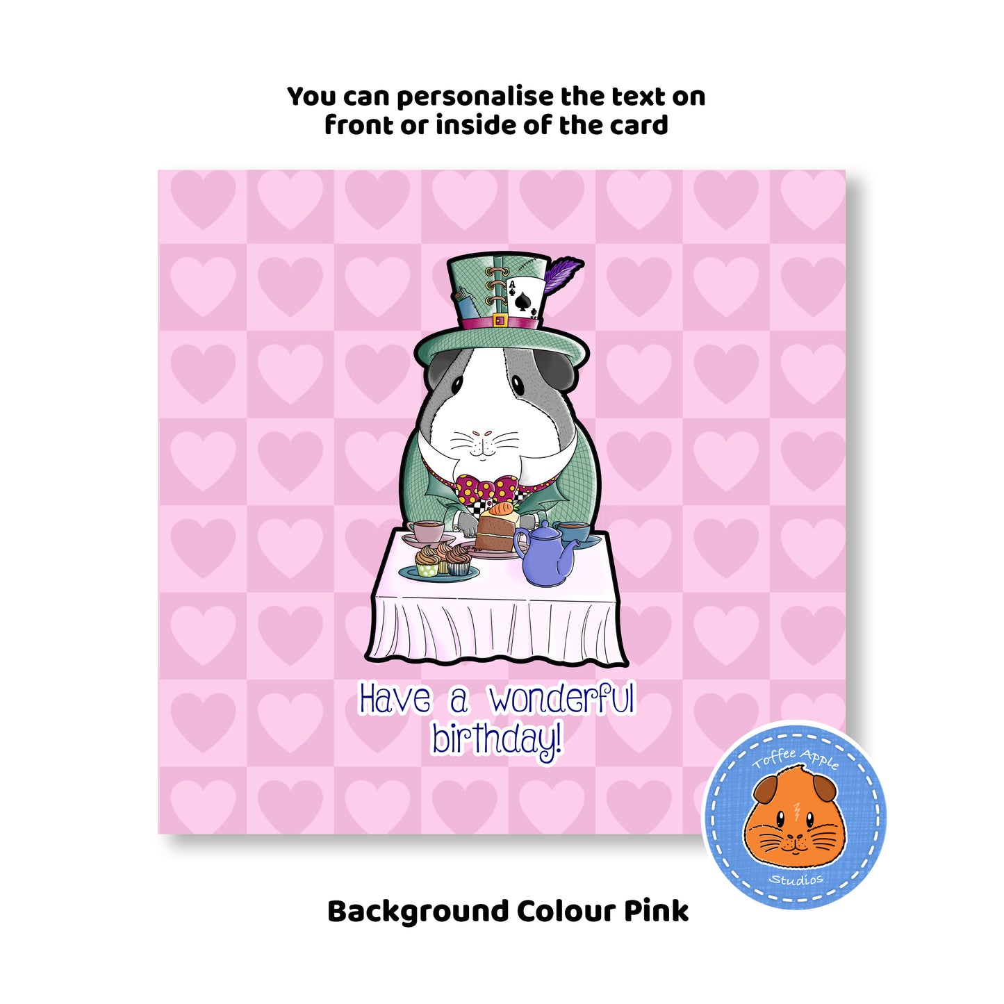Mad Hatter Guinea Pig Birthday Card, purple background of the whimsical birthday wishes card