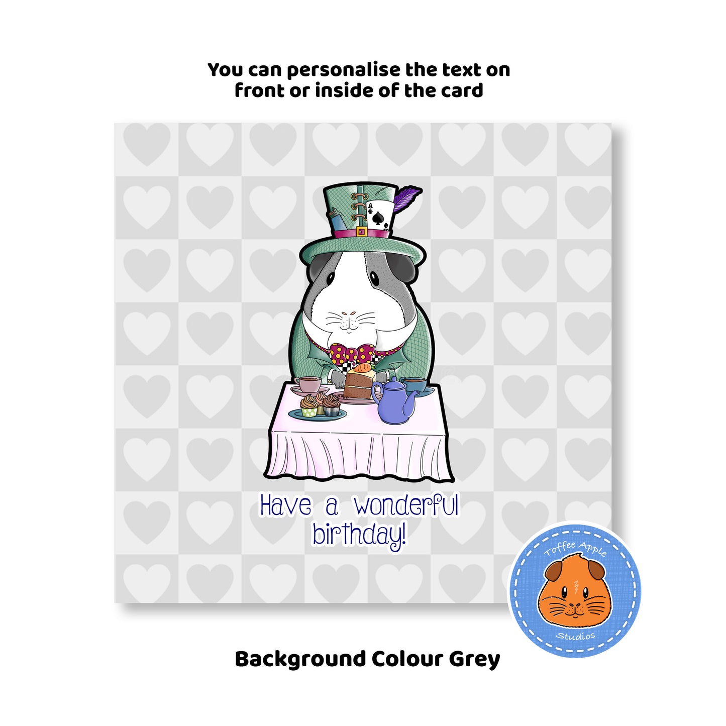 Mad Hatter Guinea Pig Birthday Card, grey background mad hatters tea party card