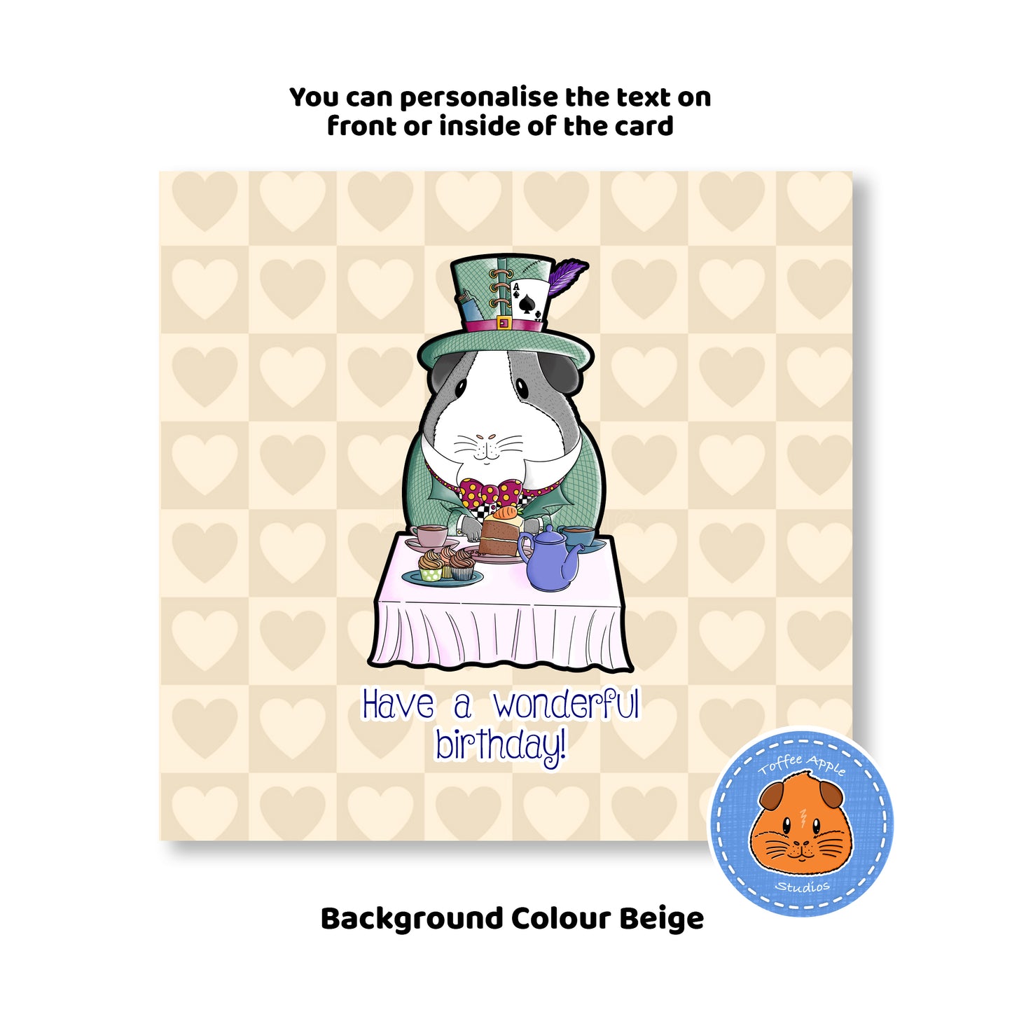 Mad Hatter Guinea Pig Birthday Card, beige mad hatters tea party