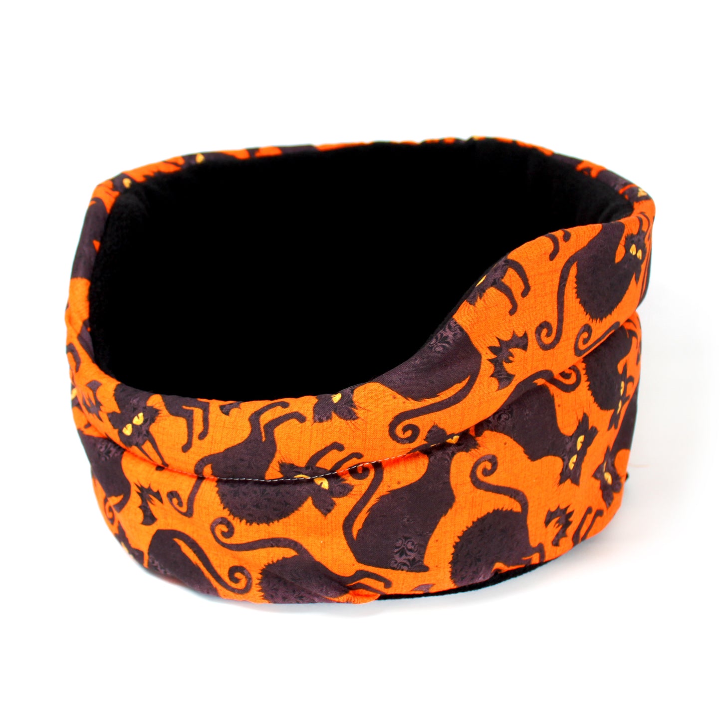 Halloween Black Cat Cuddle Cup Bed, side view of the empty bed for guinea pigs