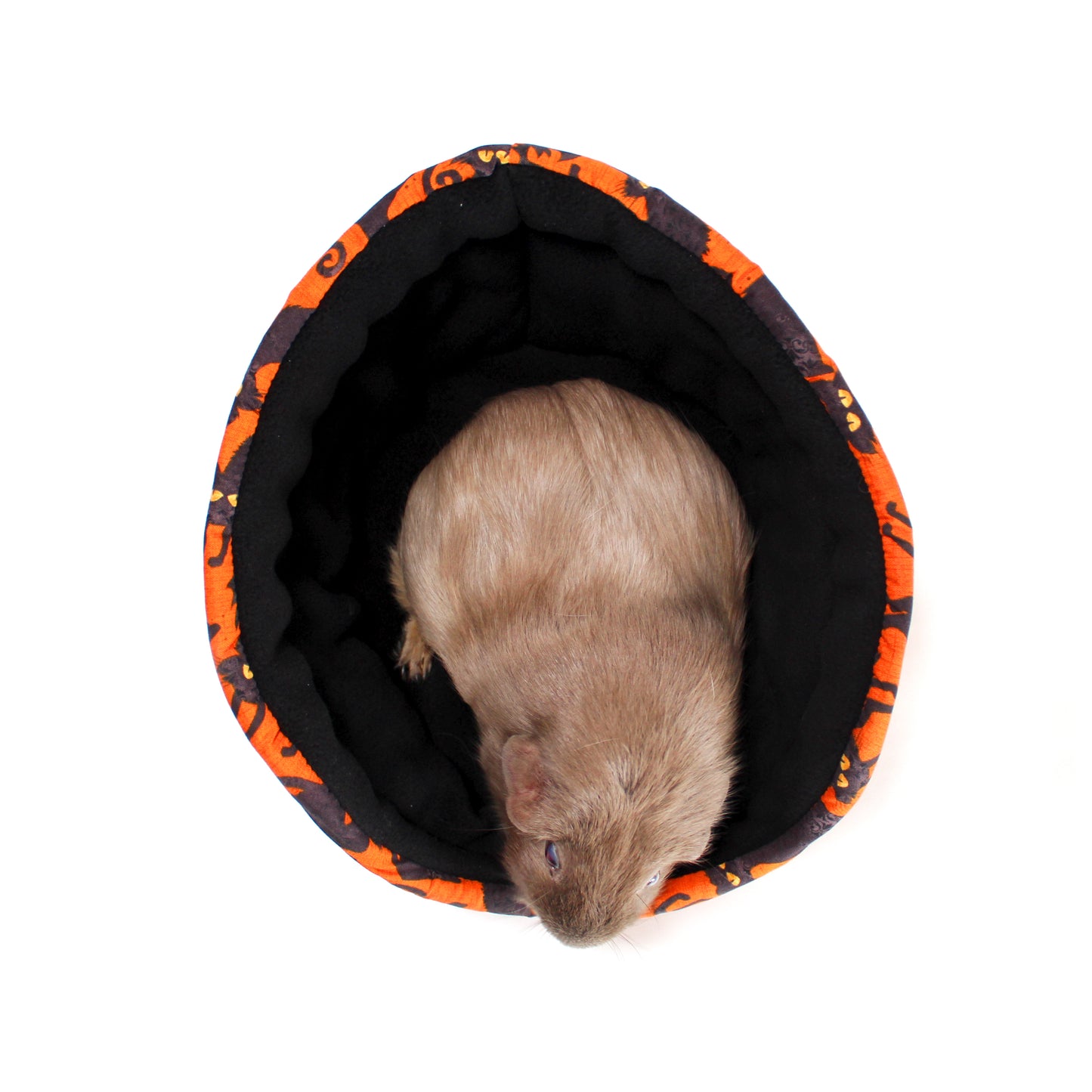 Halloween Black Cat Cuddle Cup Bed, top view of the small pet bed with a guinea pig inside for sizing