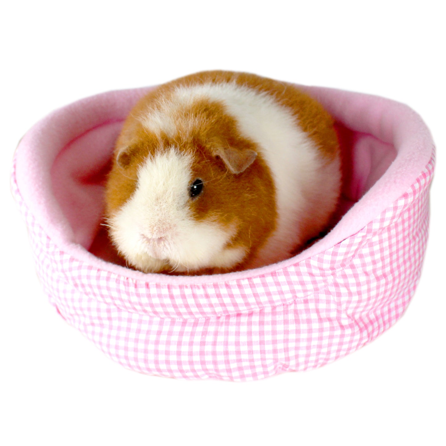 Pink Gingham Guinea Pig Bed, front side view with guinea pig