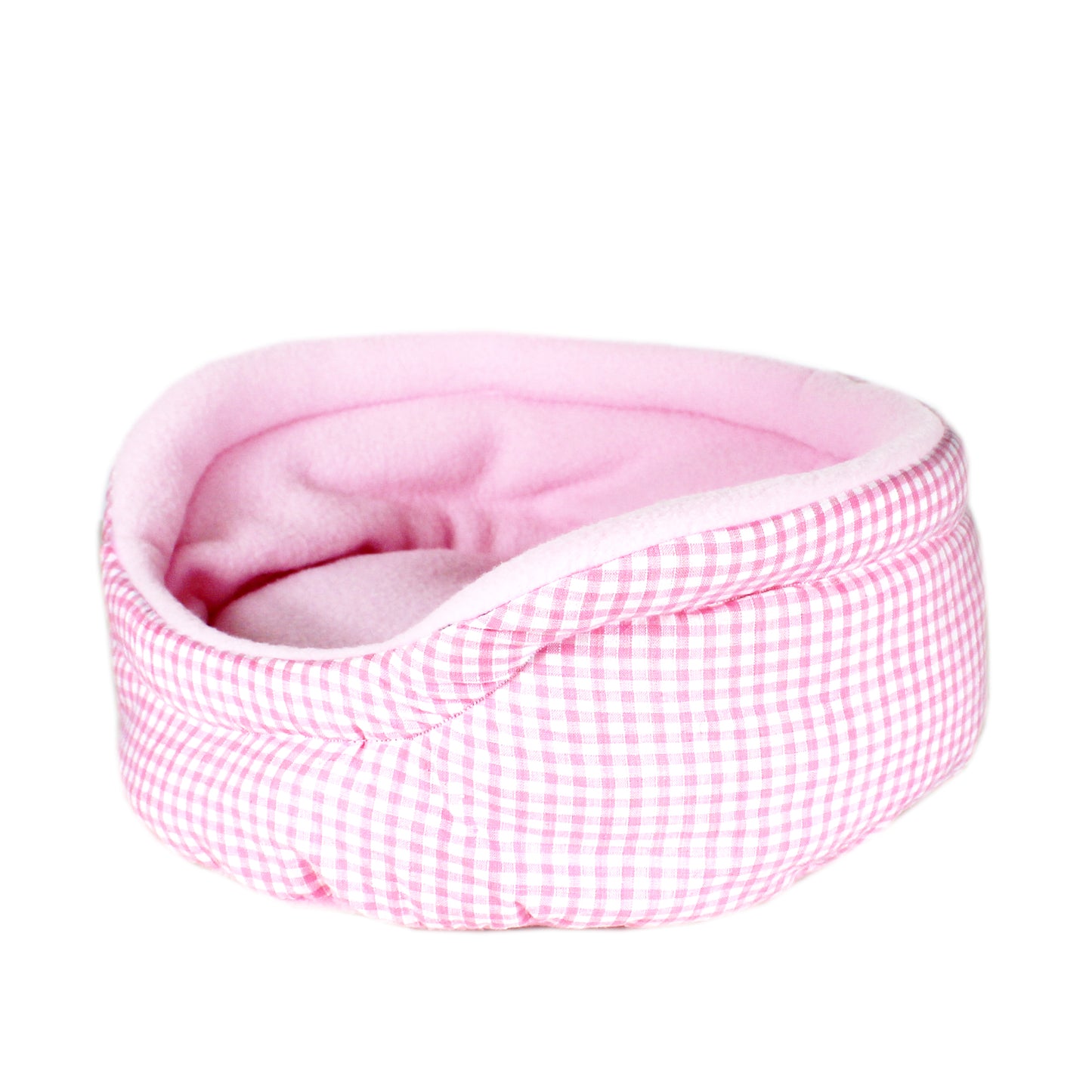 Pink Gingham Guinea Pig Bed, side view empty