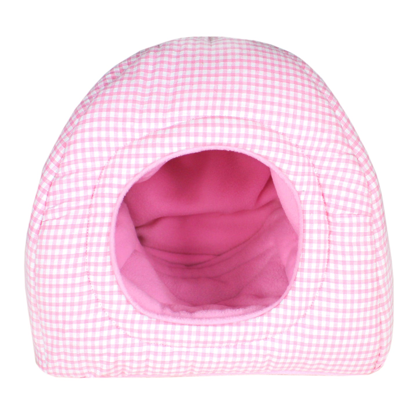 Pink Gingham Guinea Pig Hidey House, front view of the empty hidey hut