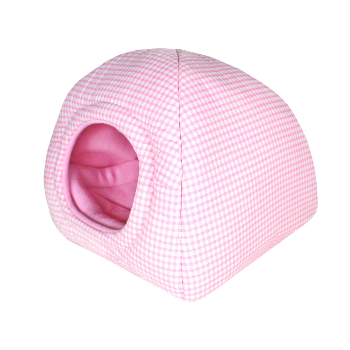 Pink Gingham Guinea Pig Hidey House, front side view of the empty hideout