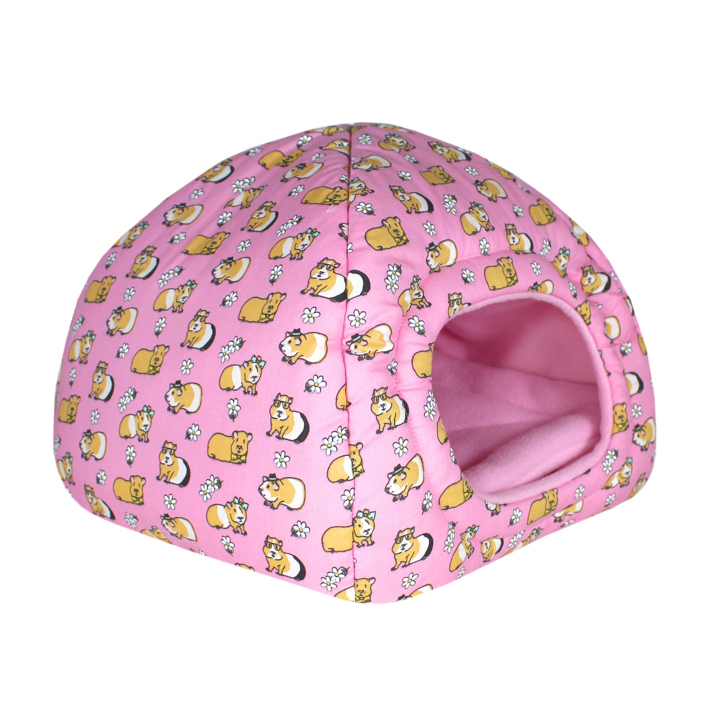 Pink Guinea Pig Pattern Hidey Hut, front side view of the empty hideout