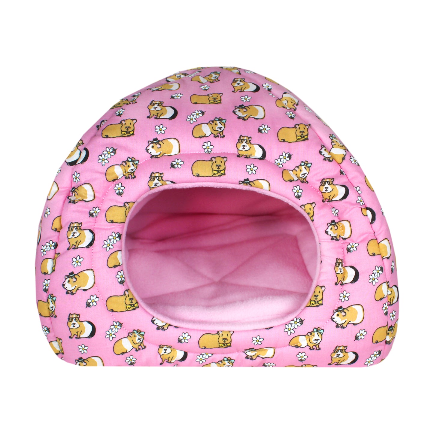 Pink Guinea Pig Pattern Hidey Hut, front view of the empty hidey house