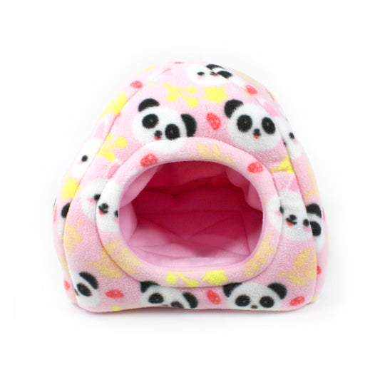 Pink pet house with panda pattern on a white background
