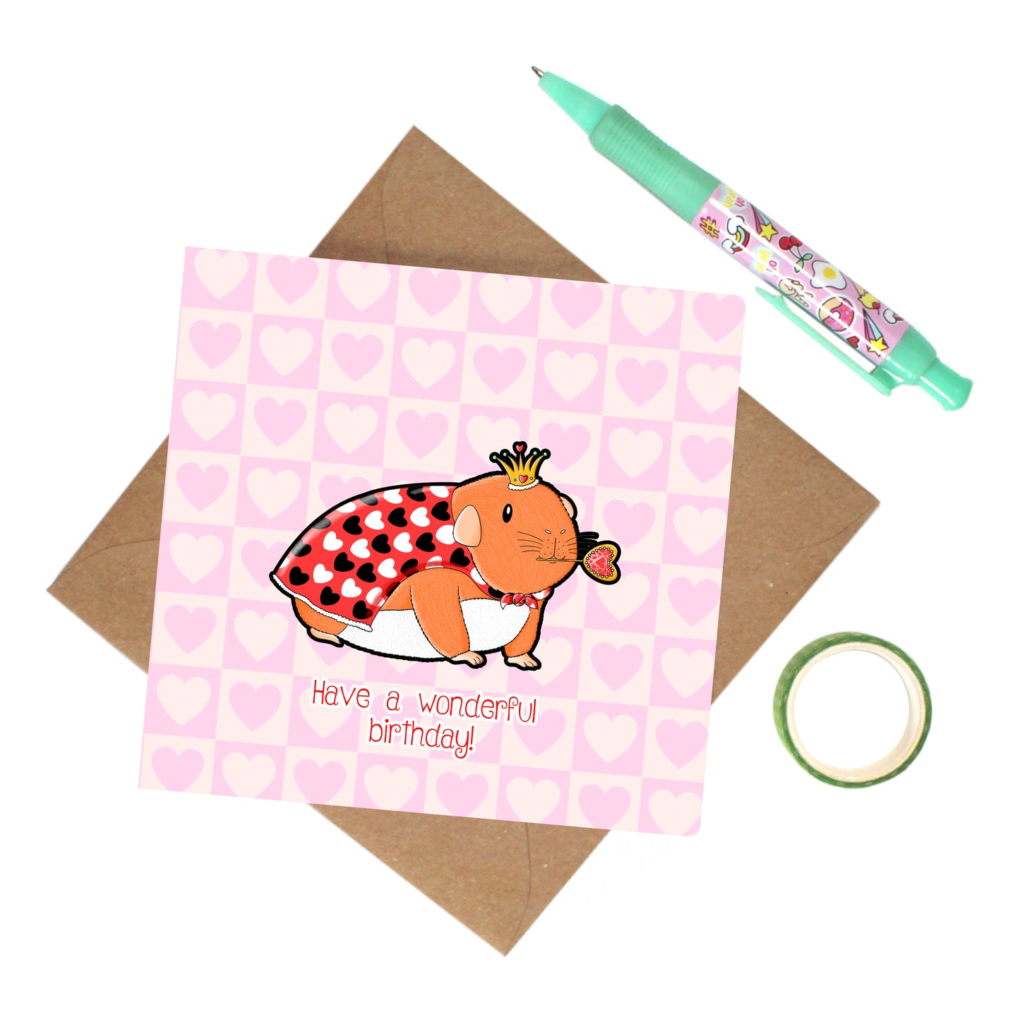 Queen Guinea Pig Birthday Card, Front view of the Queen of hearts card