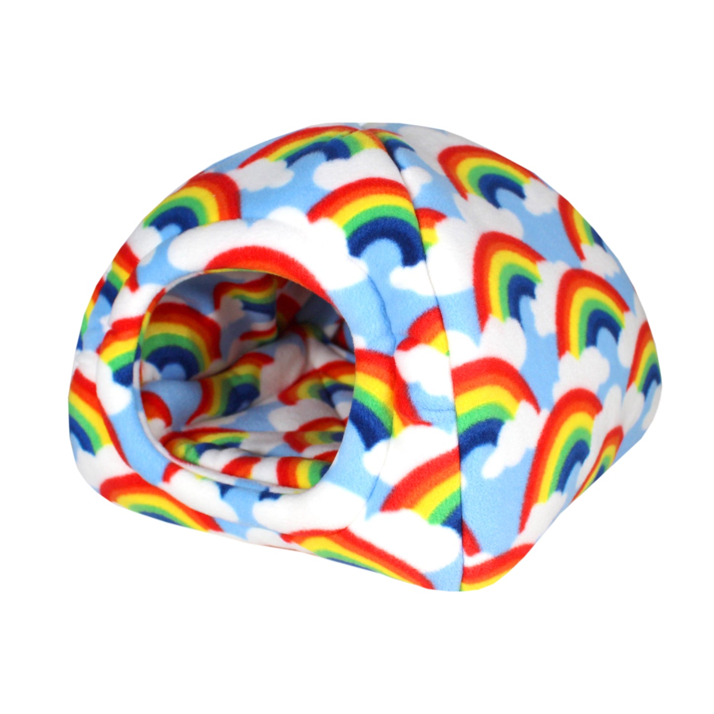 Rainbow Fleece Hidey House for Guinea Pigs, front side view of the hidey house