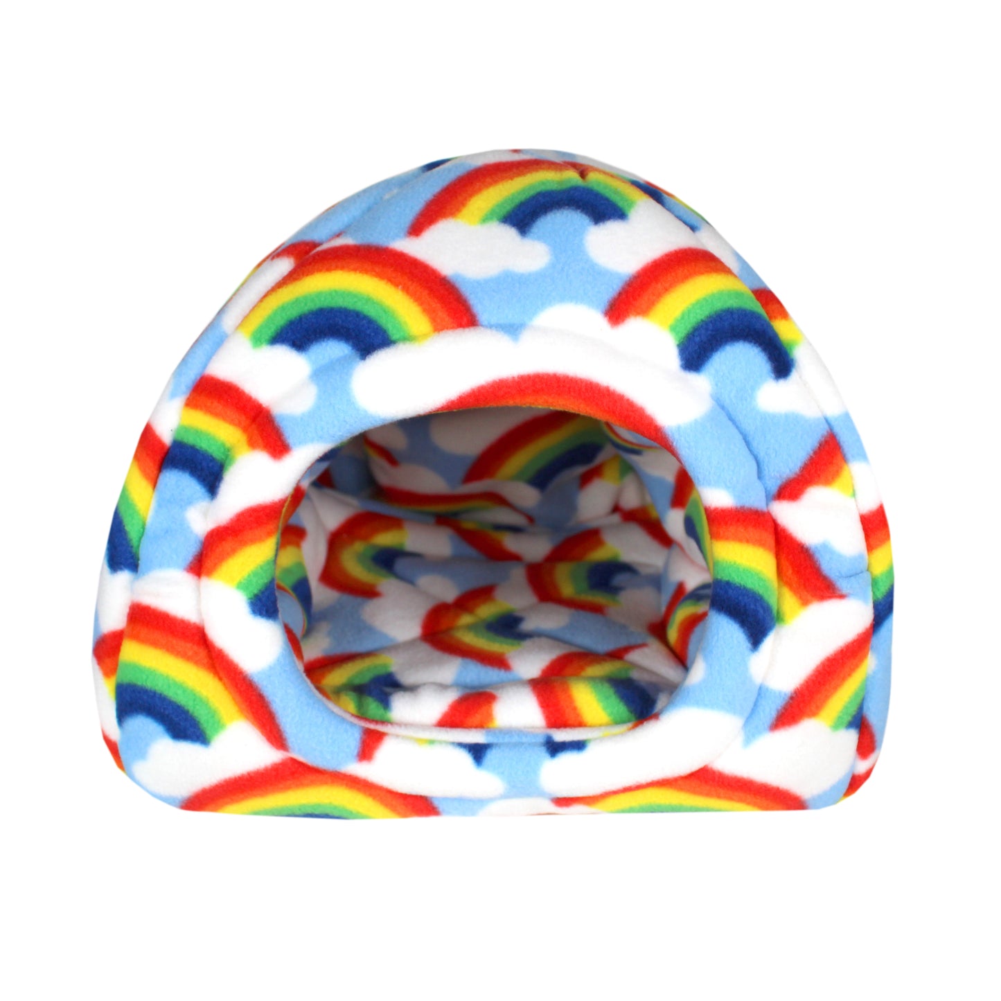 Rainbow Fleece Hidey House for Guinea Pigs, front view of the hidey hut