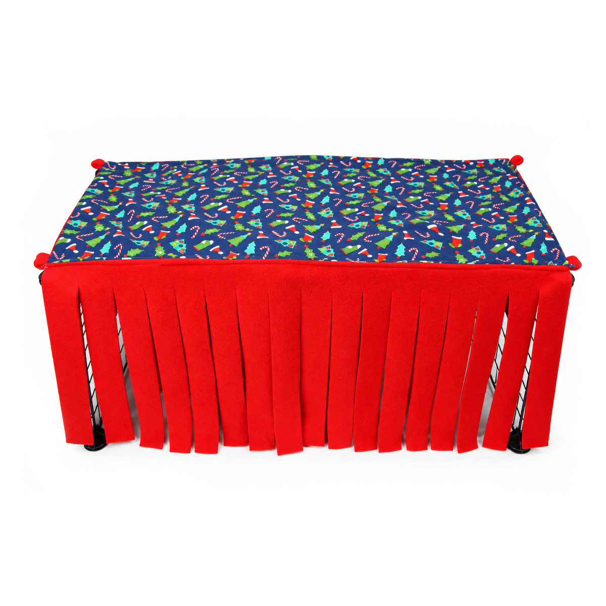 Blue Christmas novelty large fleece forest for guinea pigs, featuring a festive blue cotton top decorated with Christmas trees, stockings, candy canes, holly and Santa hats, with bright red fleece strips hanging down to create a cosy hiding space.