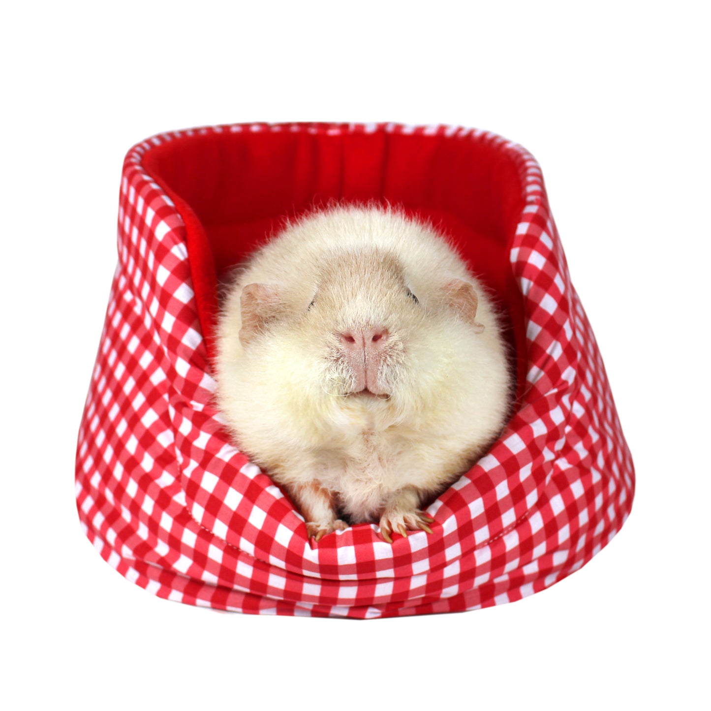 Red Gingham Cuddle Cup Bed, front view of the cuddle cup with happy guinea pig inside