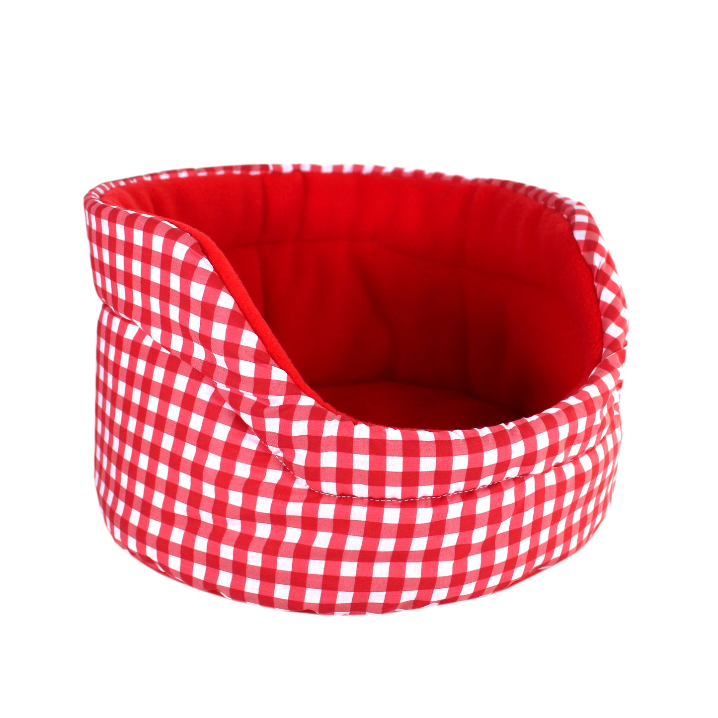 Red Gingham Cuddle Cup Bed, front side view of the bed for guinea pigs