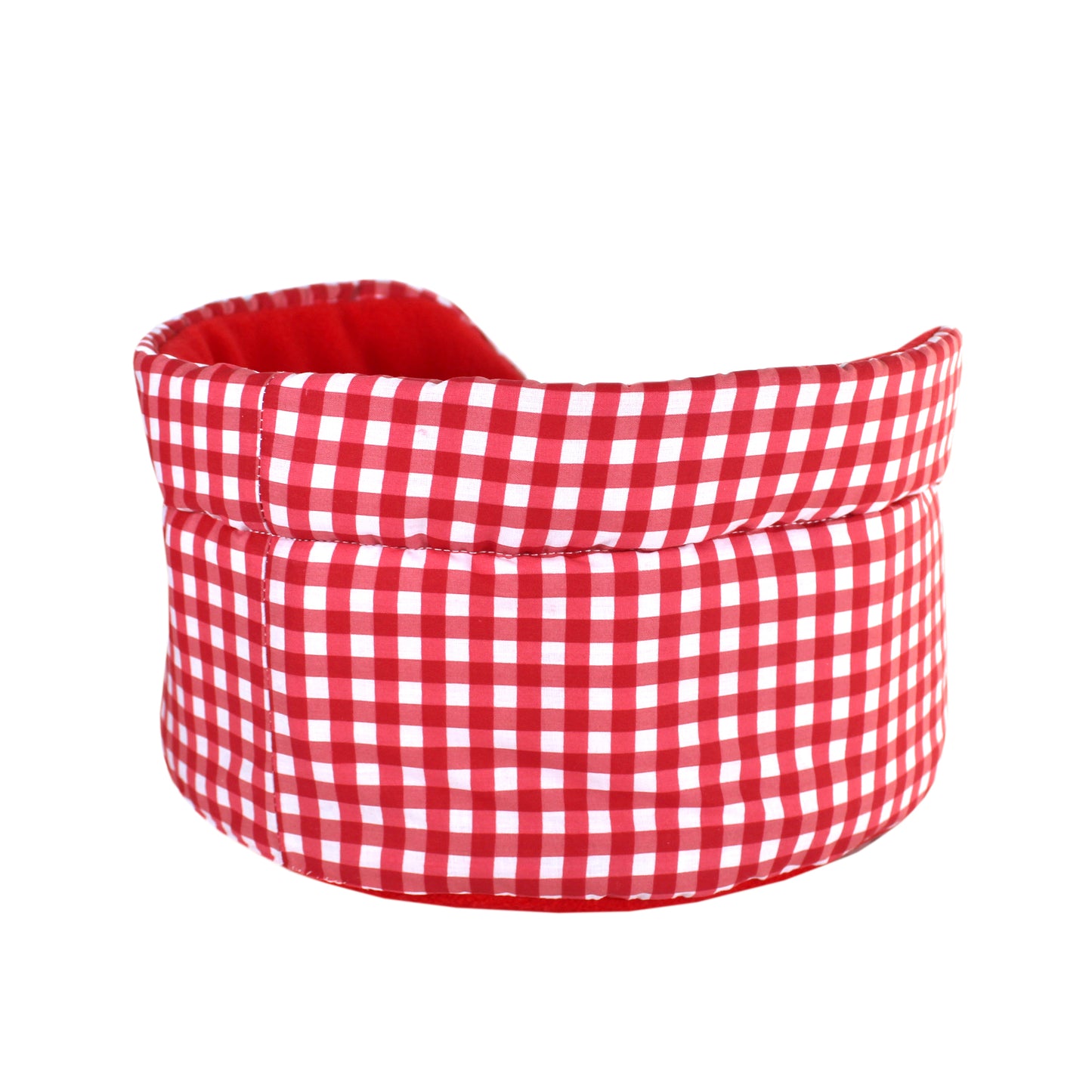 Red Gingham Cuddle Cup Bed, rear view of the pet bed