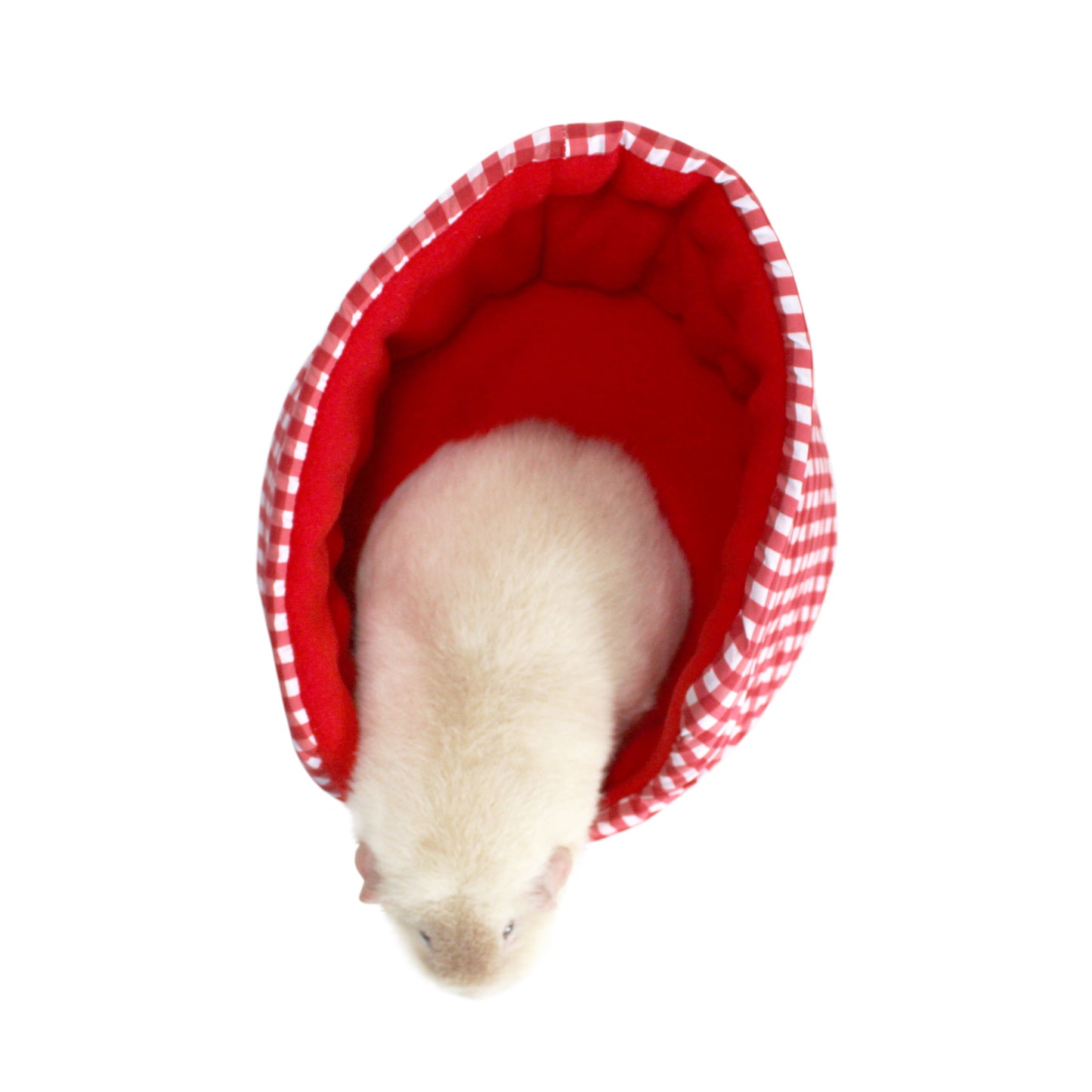 Red Gingham Cuddle Cup Bed, top view of the cuddle cup for guinea pigs with a guinea pig inside for size referece