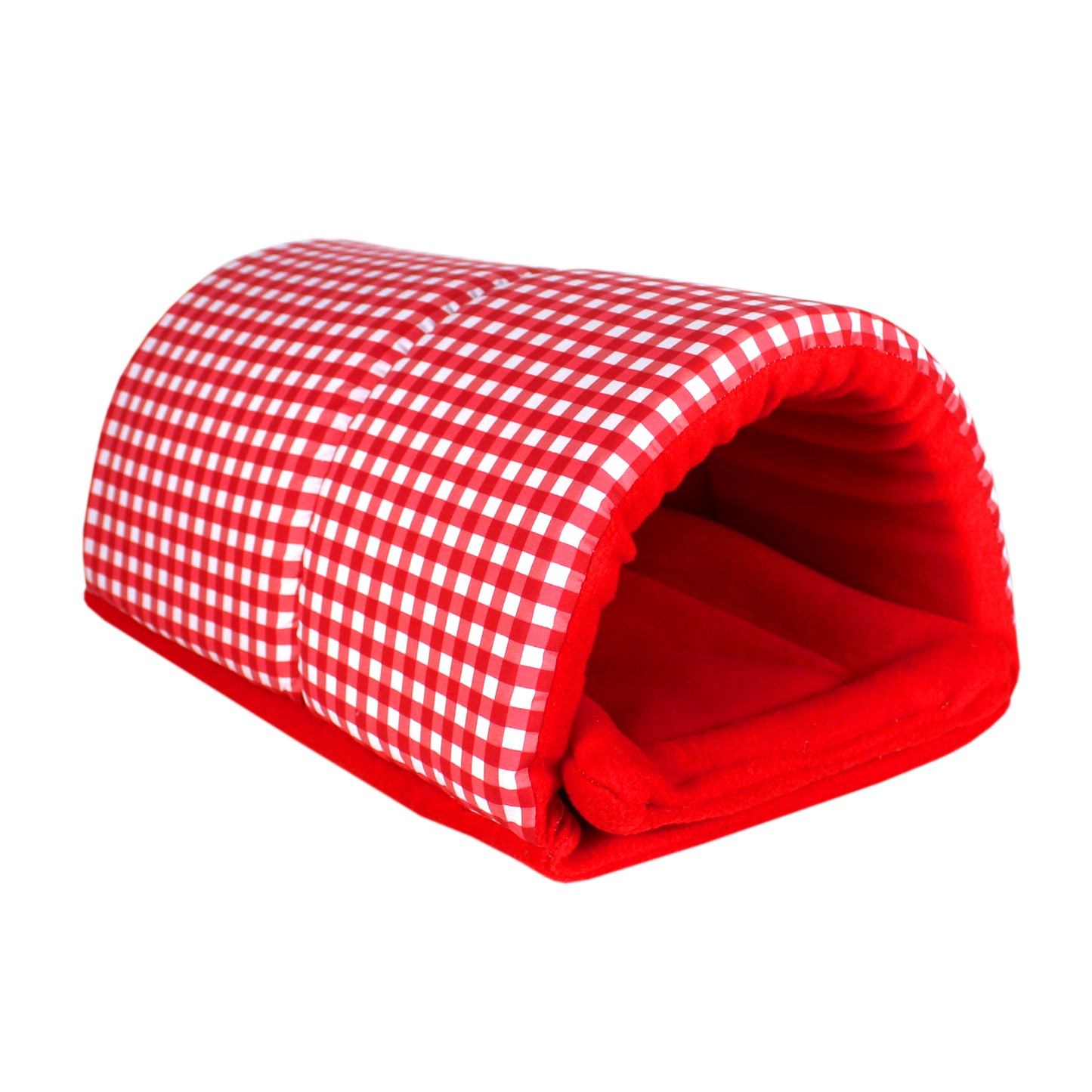 Red Gingham Snuggle Tunnel, front view of the squish tunnel empty