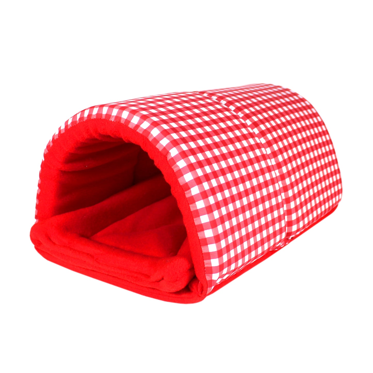 Red Gingham Snuggle Tunnel, front side view of the tunnel for guinea pigs