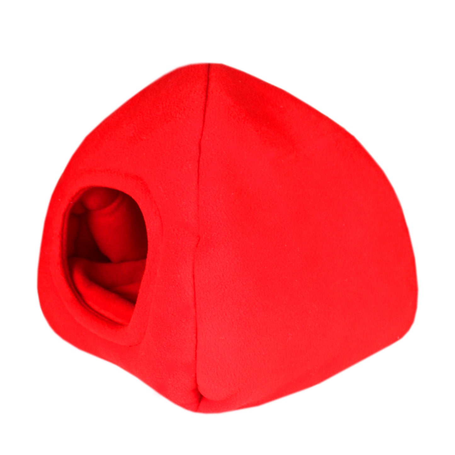 Red Fleece Guinea Pig Hidey Hut, elevated front side view of the hidey house