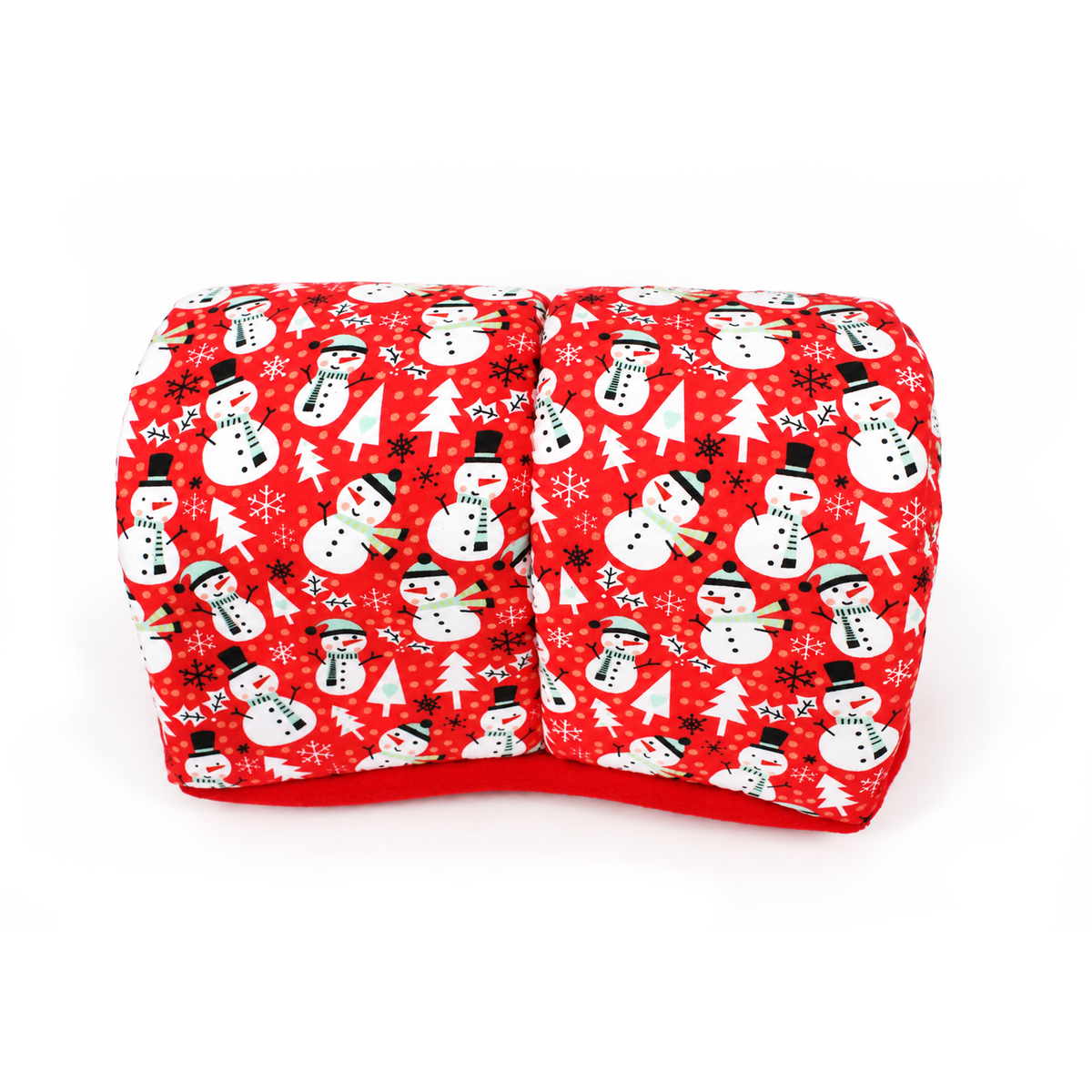 Top view of a red snowman print guinea pig squish tunnel showing its festive cotton outer