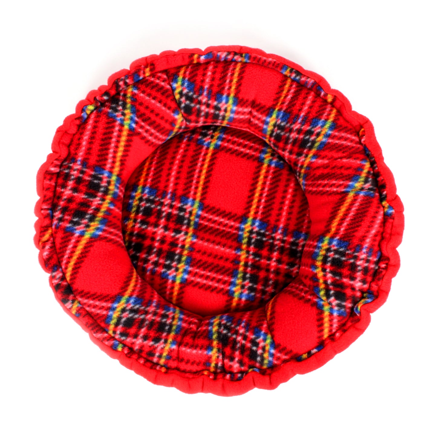 Red plaid patterned donut bed on a white background