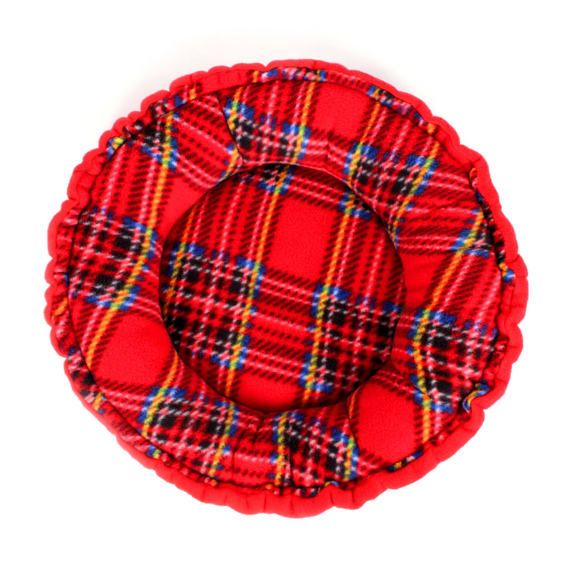 Red plaid patterned donut bed on a white background