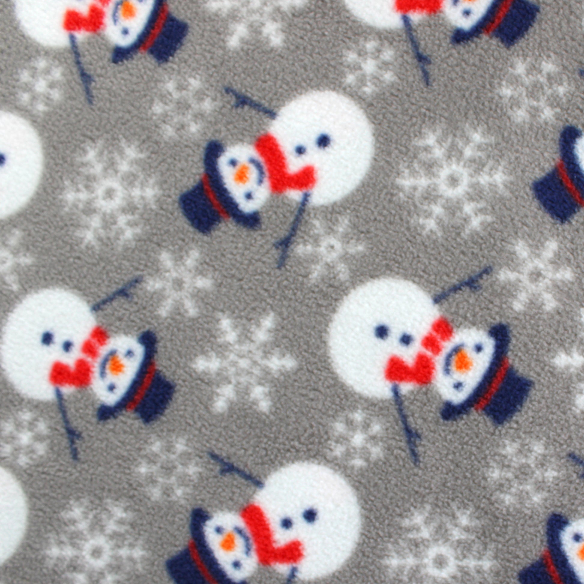 Pattern of snowmen with red scarves and black hats on a gray background with white snowflakes.