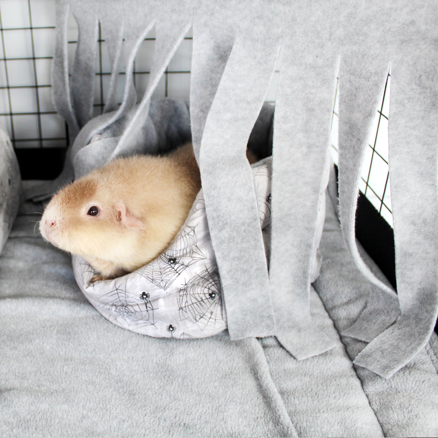 Grey and Black Corner Fleece Forest, happy guinea pig inside a cuddle cup bed with the fleece forest over it creating a snuggly hide for the piggy