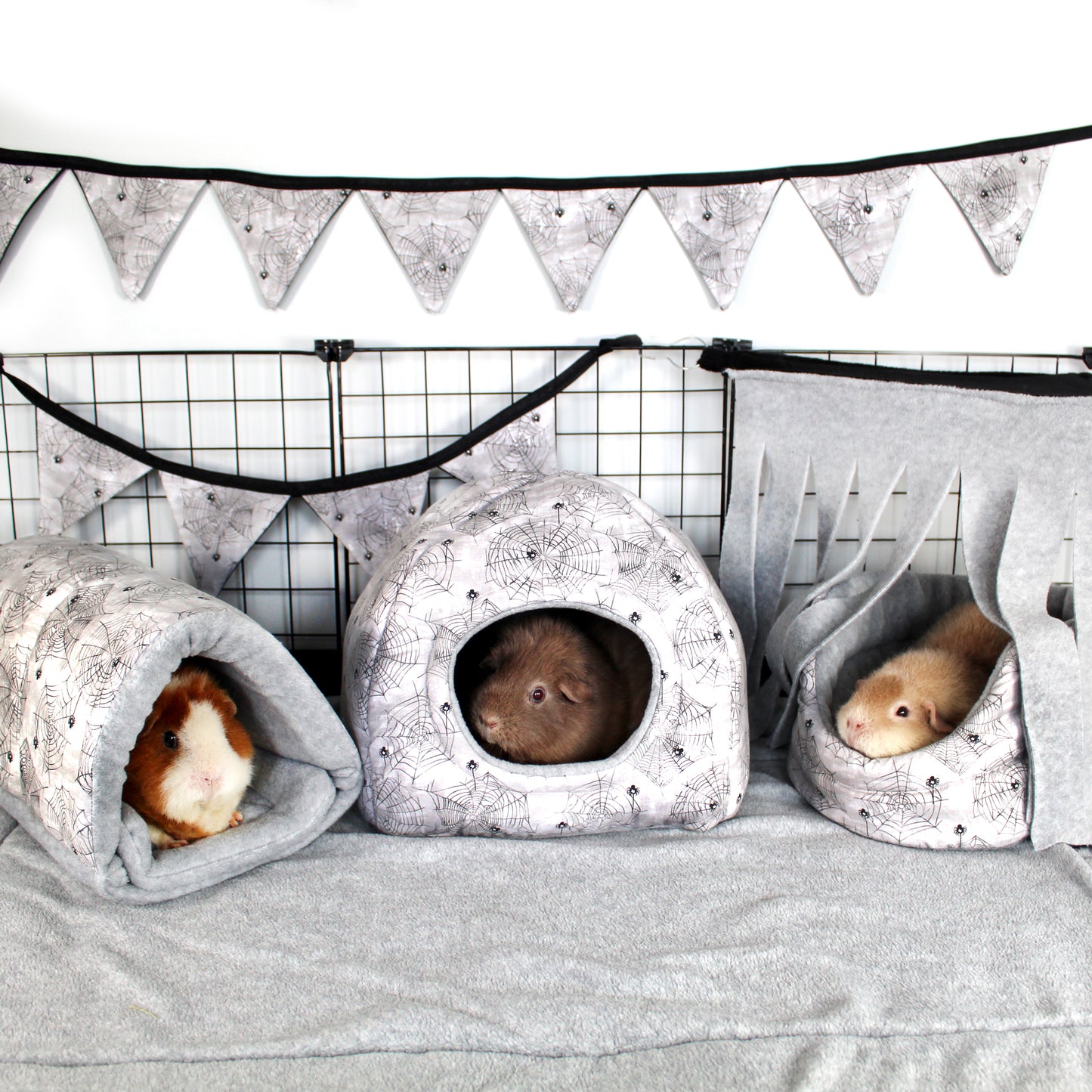 Halloween Spider Guinea Pig Accessories, Showing a hidey house, snuggle tunnel and cuddle an how they can be used to theme a cage
