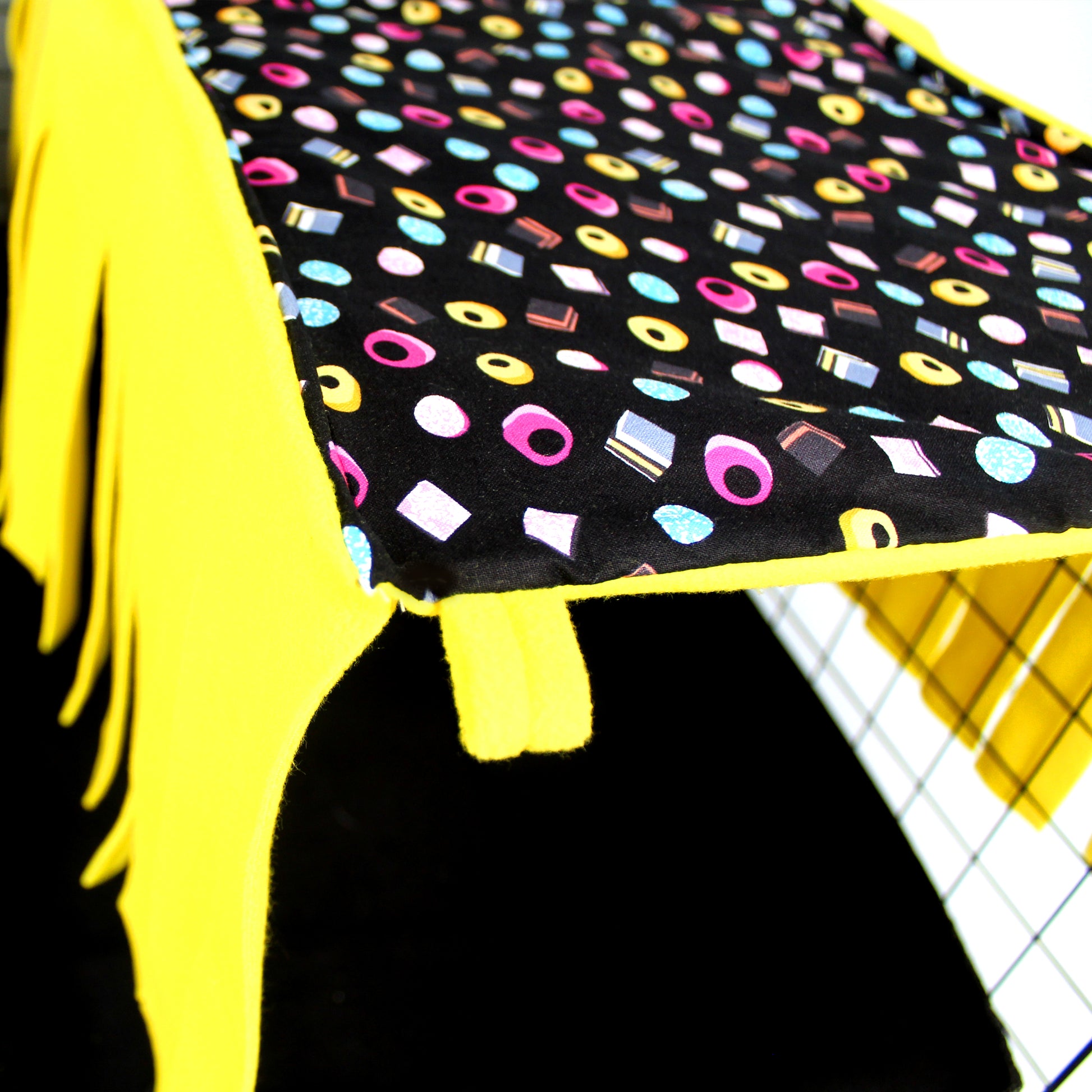 Liquorice Allsorts Large Fleece Forest, close up view of the fleece forest being used as a tunnel for guinea pigs