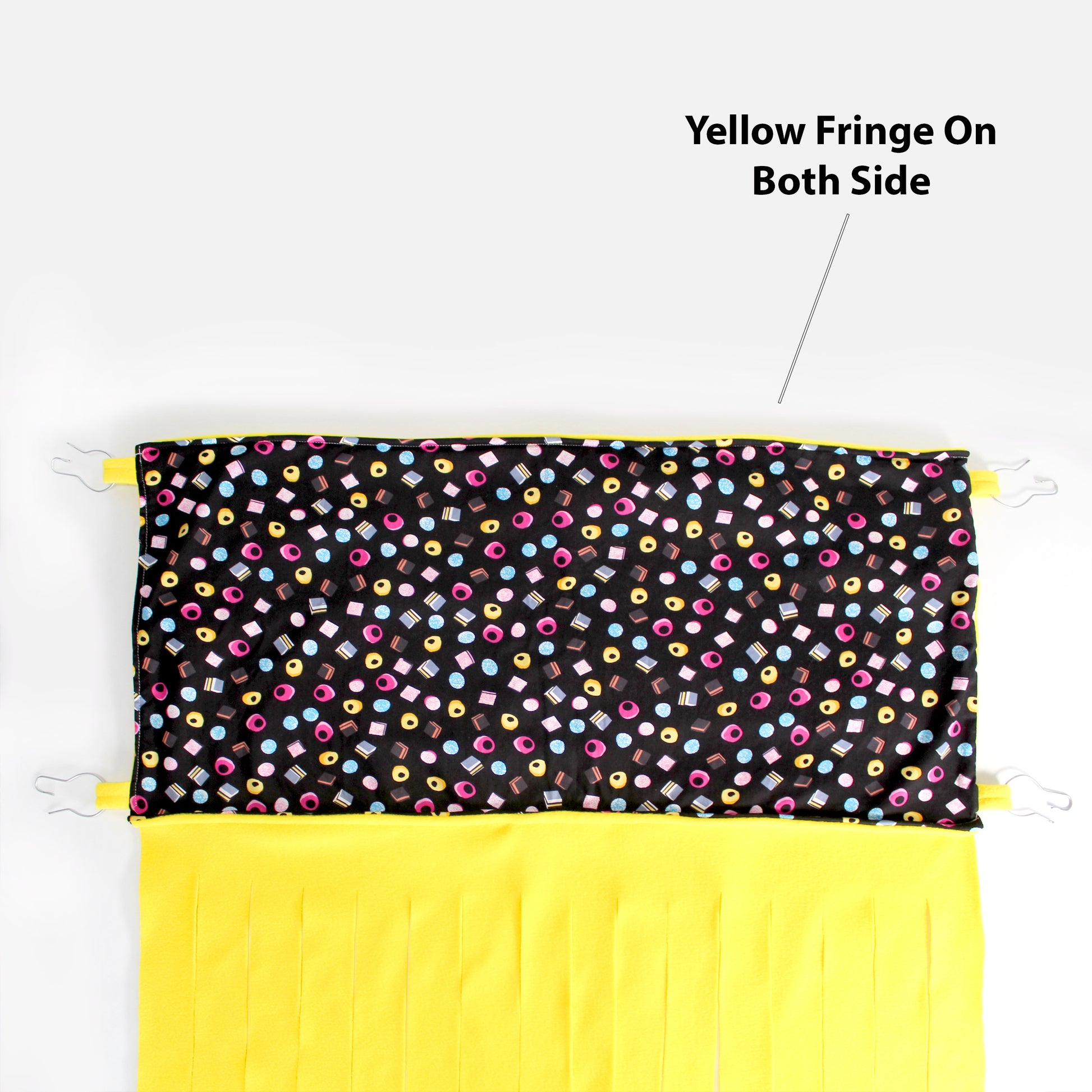 Liquorice Allsorts Large Fleece Forest,  top view showing the fringe on both sides of the curtain hammock