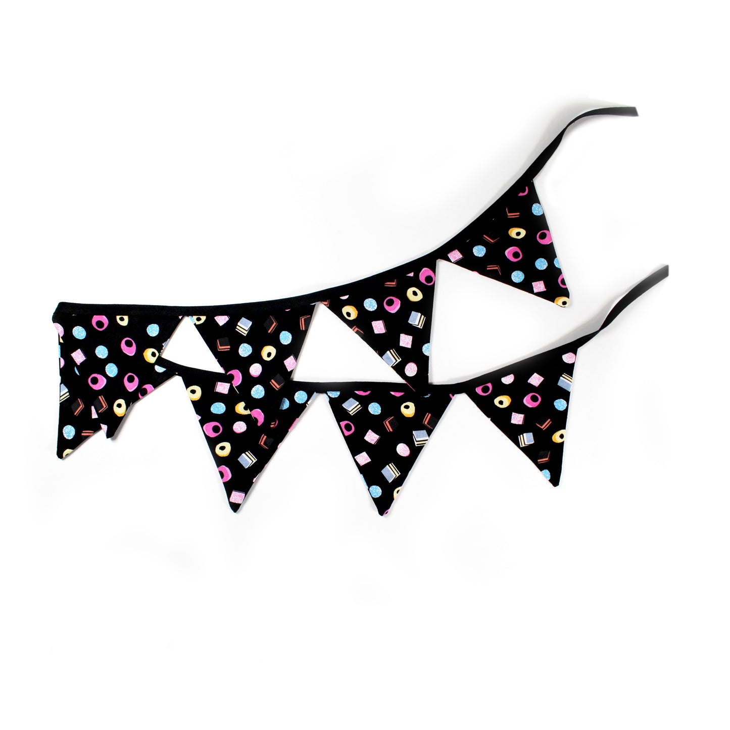 Large Liquorice Allsorts Bunting, full view of the banner folded so all 8 flags are shown