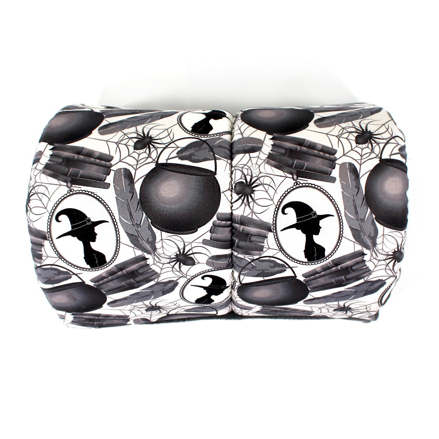 Halloween-themed guinea pig tunnel with black cauldrons, witch hats, and spider webs on a white background
