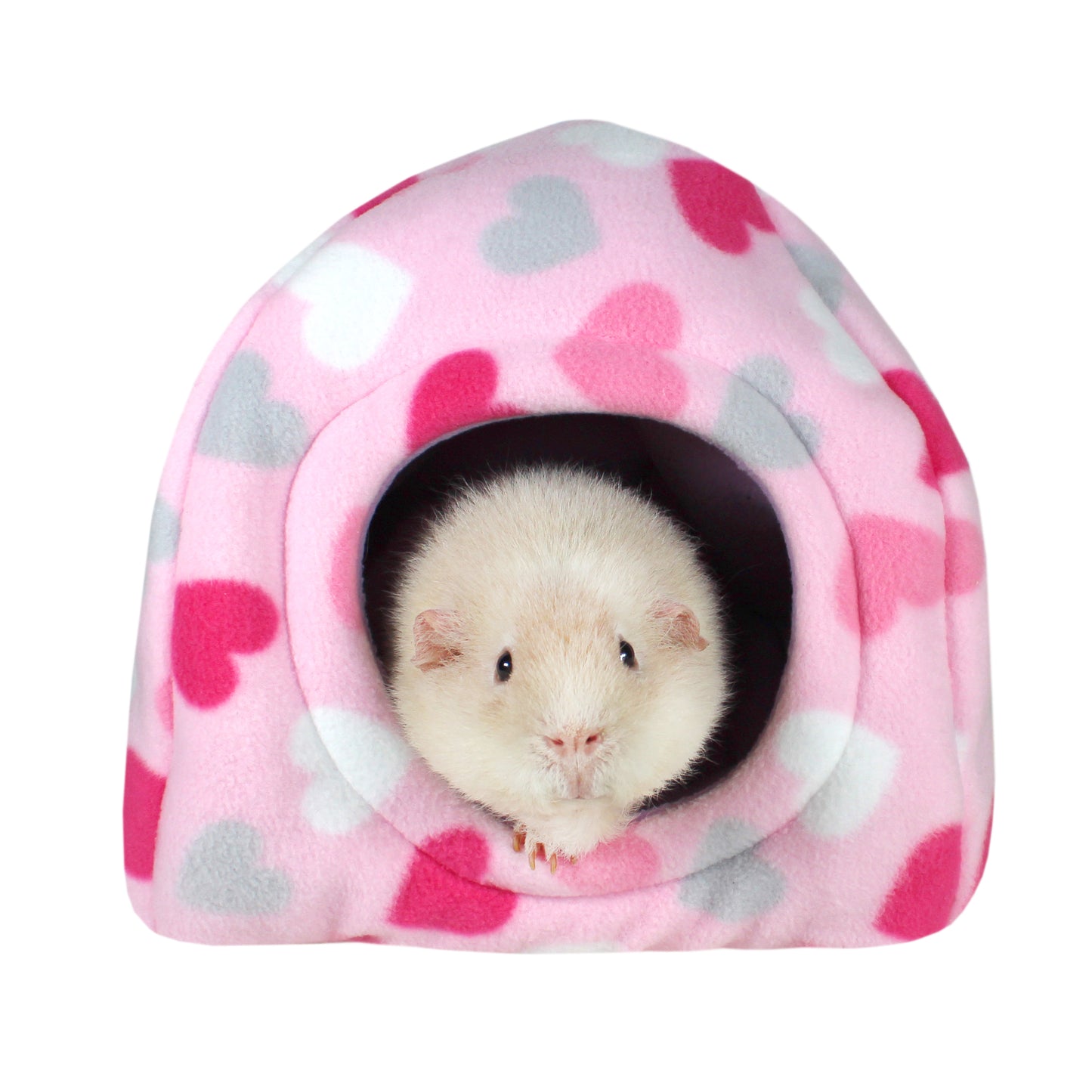 Pastel Hearts Hidey House, front view of the hidey house for guinea pigs with a happy guinea pig inside