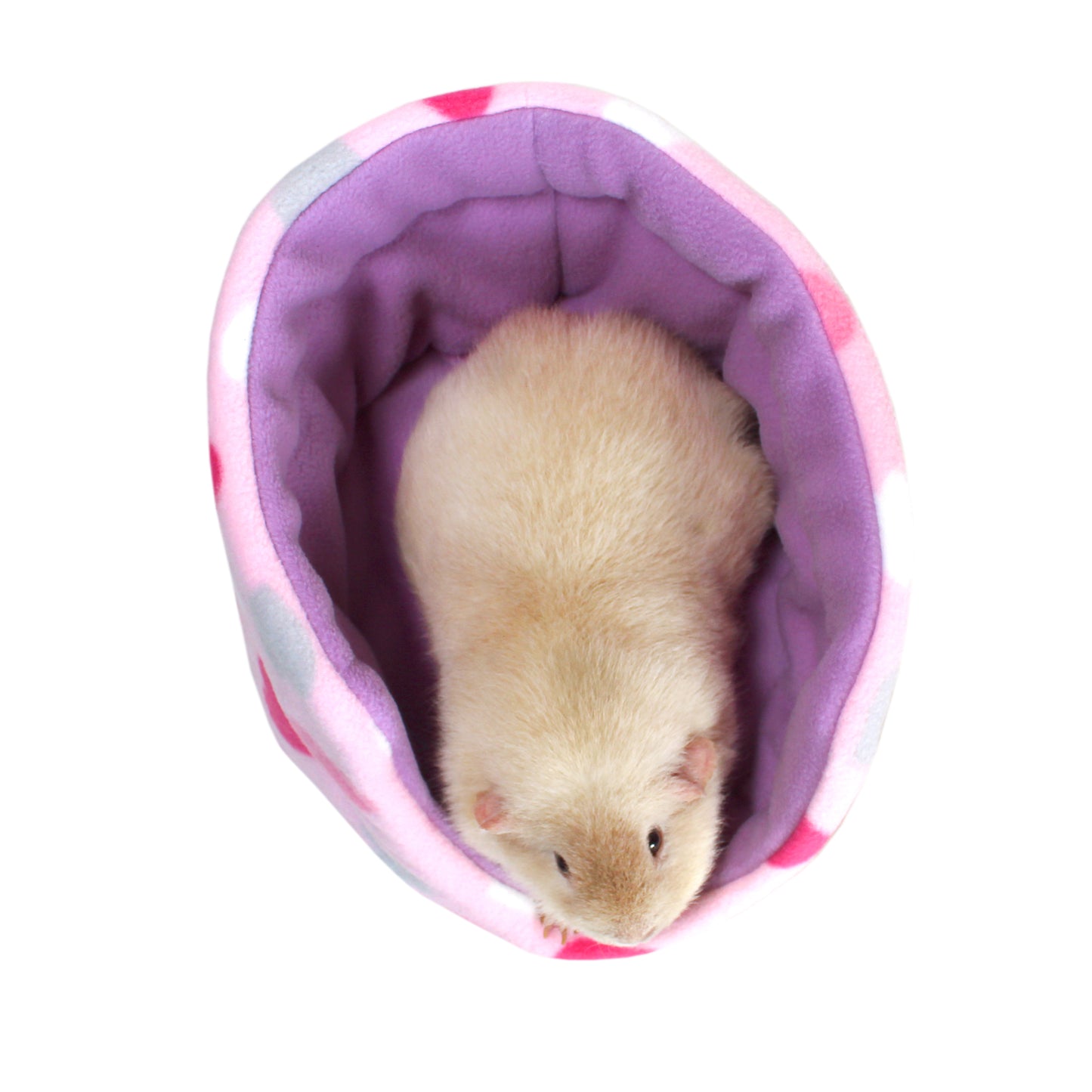 Pastel Hearts Guinea Pig Accessory Set, top view of guinea pig bed with guinea pig inside