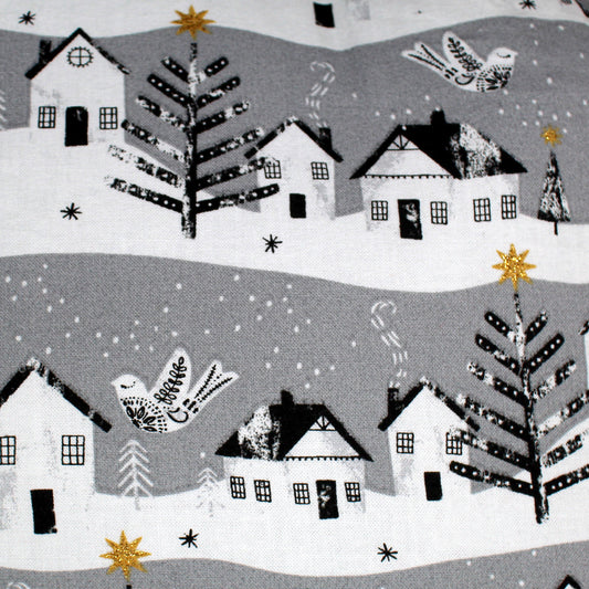 Grey Winter Village Guinea Pig Hidey House, close up of the winter village scene pattern